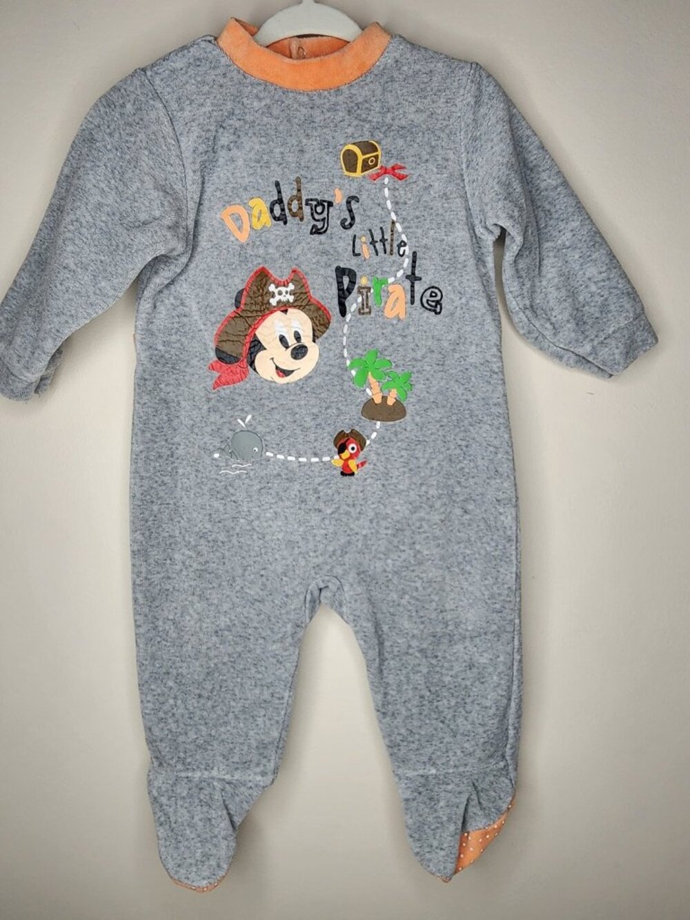 Vintage Disneyland Paris Mickey Pirate Footed Onesie — Grey, 12M | Baby Sleeper